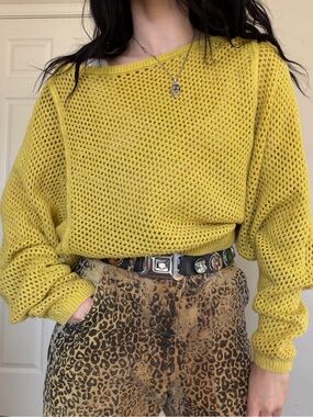 Pilcro Sunny Yellow Open-Knit Crewneck Sweater medium